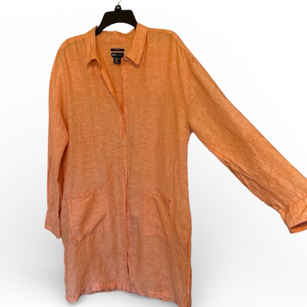 Jones New York XL 100% Linen Shirt Dress Coral Peach Long Tunic Side Slits